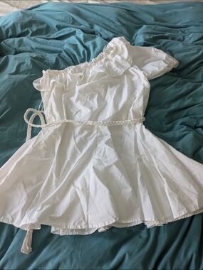 White Off-Shoulder Peasant Dress with Braided Belt